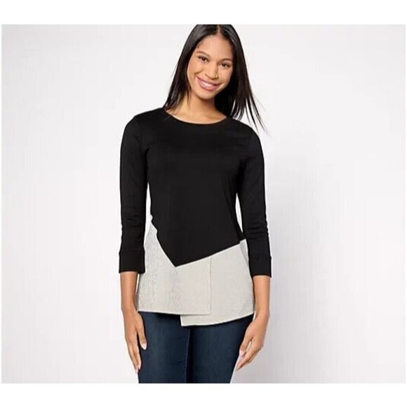 Attitudes by Renee Knit Top With Crushed Stripe Peplum Black,Large - Picture 1 of 1